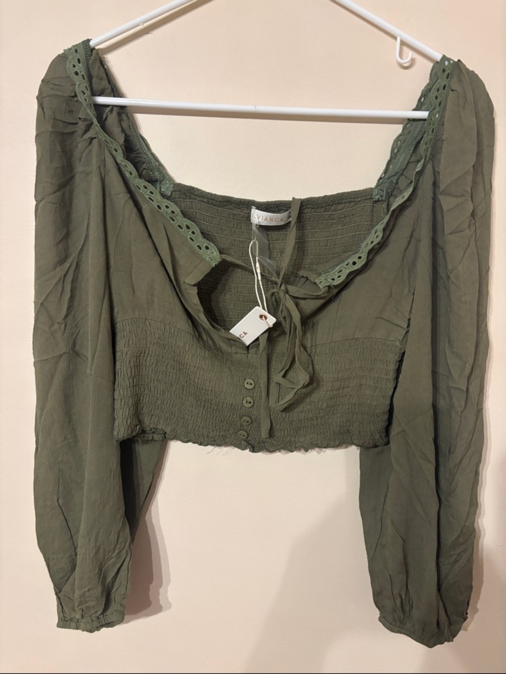 Aviana Olive Green Cropped Smocked Blouse